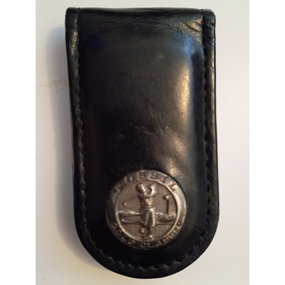 Fossil Golf Classic Black Leather Magnetic Money Clip Vintage Medallion